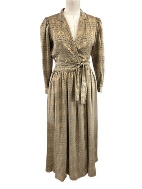 80’s Galadriel floral paisley 100% silk maxi wrap dress brown gold small